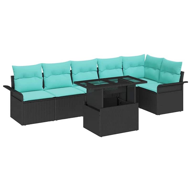 vidaXL 7 Garden Sofa Set with Cushions Black/Brown/Grey Poly Rattan - 92.1 x 52.2 x 27.2