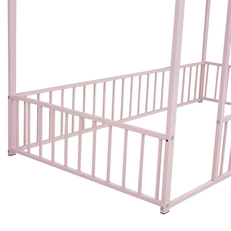 Twin Size Metal Bed House Bed Frame with Fence, for Kids, Teens, Girls, Boys