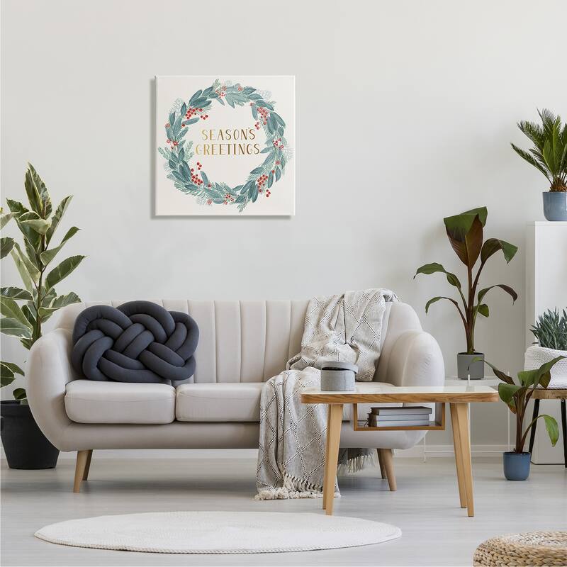 Stupell Winter Foliage Red Holly Wreath Season's Greetings Typography Canvas Wall Art - Green