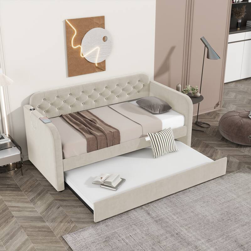 Twin Size Upholstered Daybed with Trundle and USB Charging Design