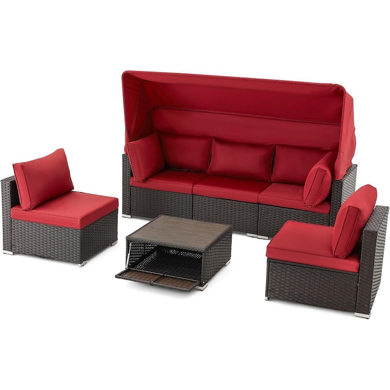 EROMMY 6-Piece Patio Furniture Set, Rattan Daybed with Canopy and Adjustable Backrest