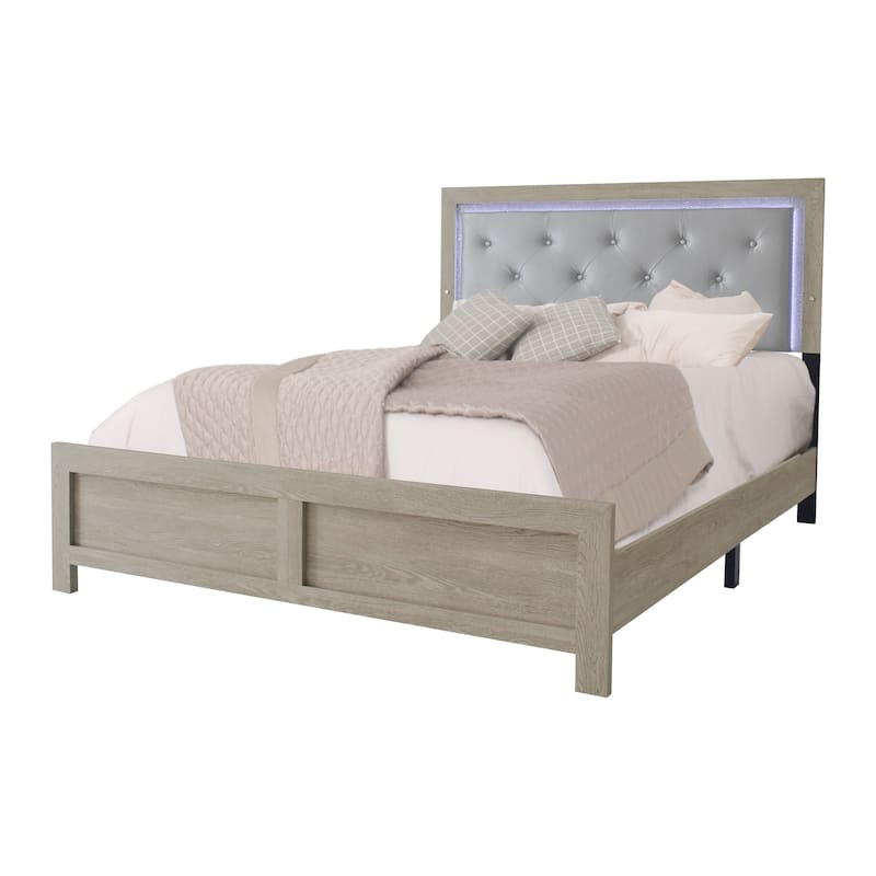 Modern Queen Panel Bed with LED Headboard, Beige Faux Leather Upholstery, Button Tufted Design