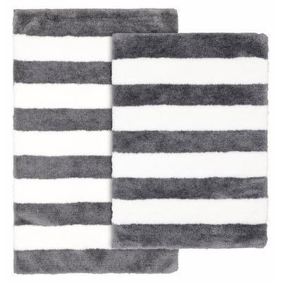 Beach Stripe Cinder/White Washable Bathroom Rug Set
