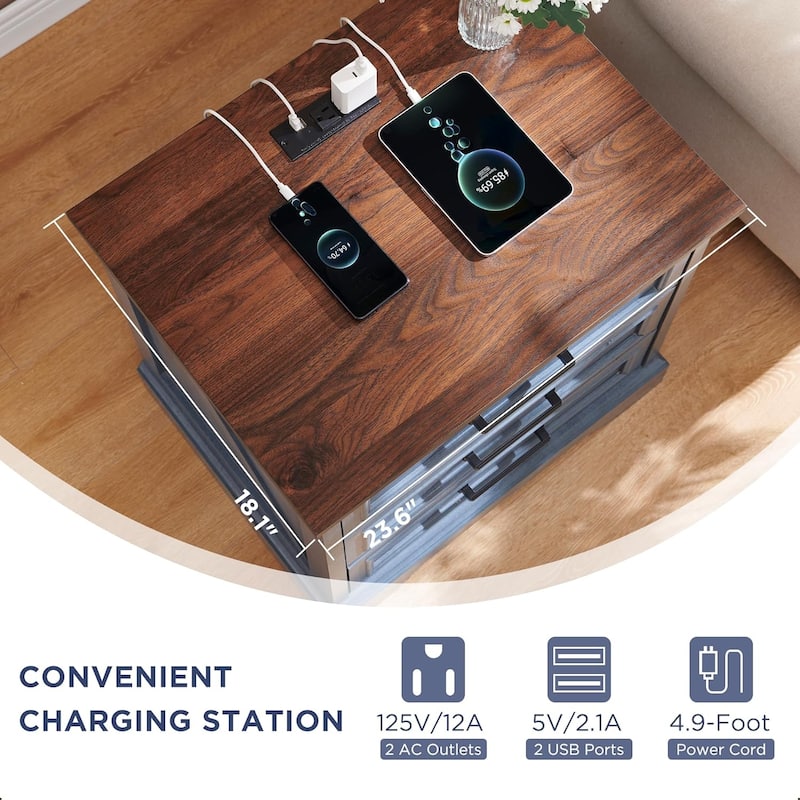 Farmhouse 3-Drawer Nightstand, Wide End Table with Charging Station