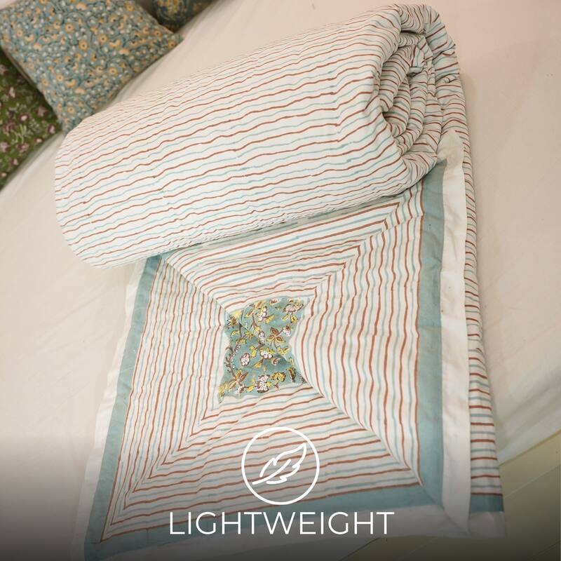 Fabdivine Cotton Quilt Hand Block Printed, Vegetable Dye Gray Floral, Eco-Friendly Reversible Bedspread, Natural Dye Bedding