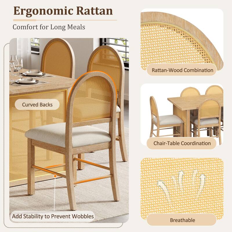 7 Pieces 59.8" Farmhouse Rectangular Dining Table with 6 Rattan Chairs