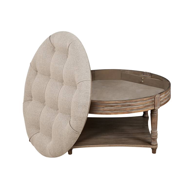 Large Round Coffee Table and Tufted Ottoman with Wooden Shelf Storage - 31.49'' x 31.49'' x 18.5''