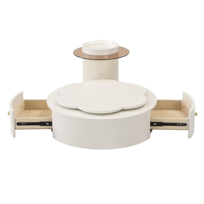Modern Round Coffee Table Set of 2 with Rotatable Floral Top and Two Functional Drawers for Living Room