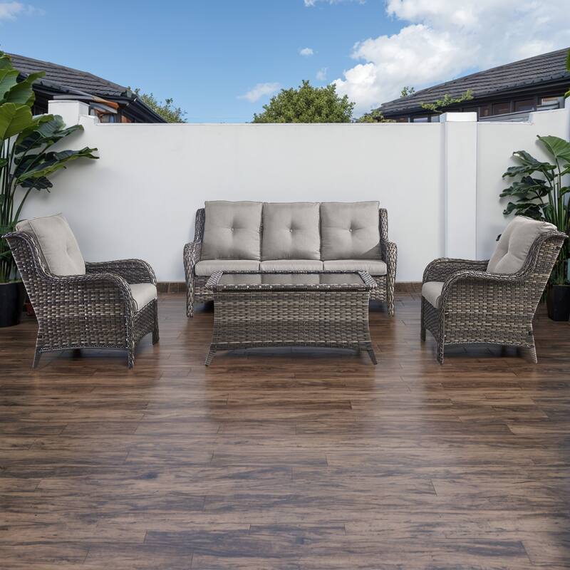 Gymojoy 4-Piece Outdoor Patio Sofa Chair with Coffee Table - Grey - Grey