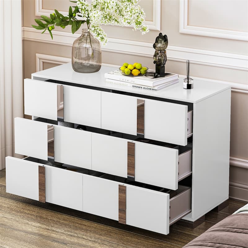 Mirrored Storage Cabinet with Metal Handle, 6 Drawers
