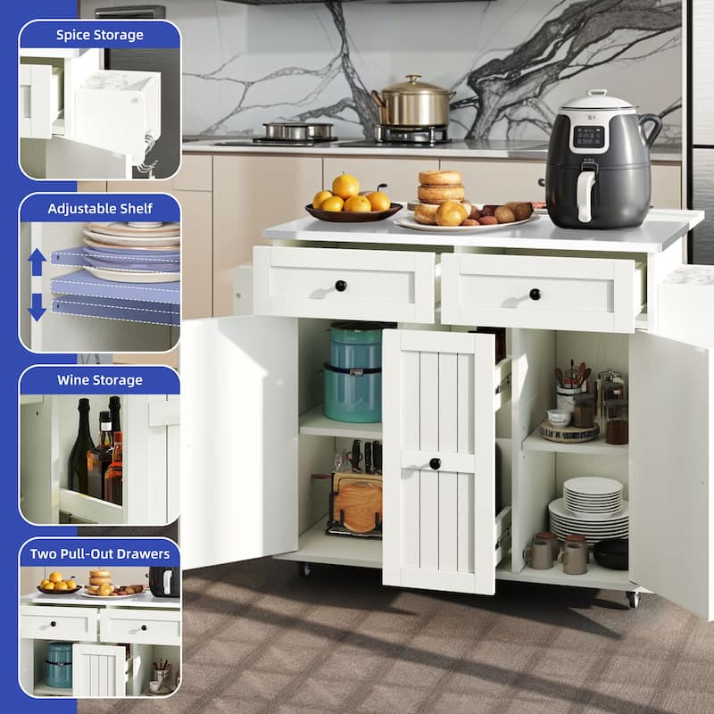 Moasis Wooden Kitchen Island with Drop Leaf Rolling Cart Extra Large Work Surface and Storage Drawers Towel Spice Rack