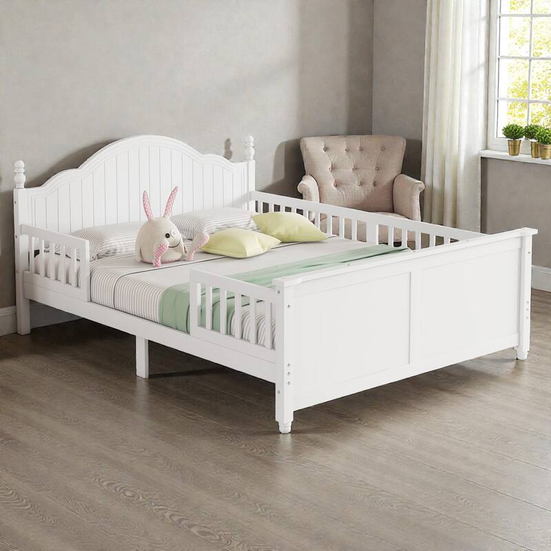 Kids Wooden Platform Bed with Safety Guardrails, Low Profile Bed with Headboard and Footboard - White - Full