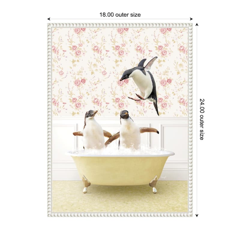 Kate and Laurel Sylvie Penguins in Vintage Yellow Bath Framed Canvas by Amy Peterson