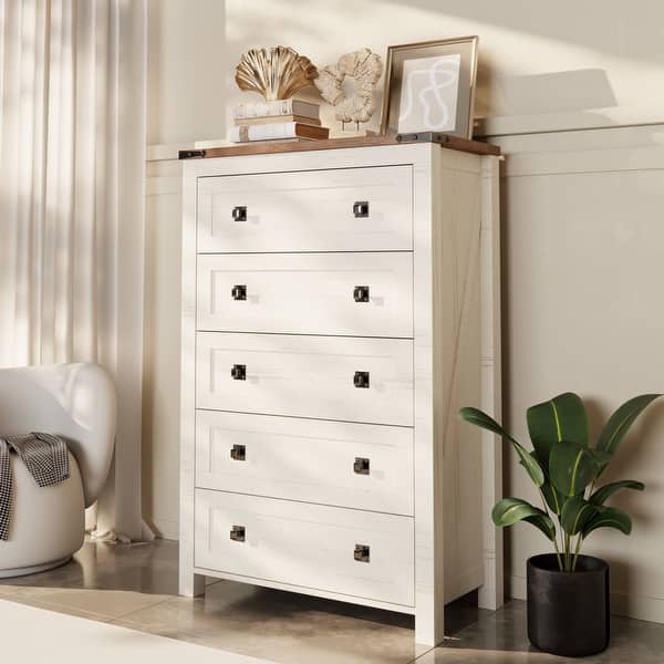 48" Tall Farmhouse 5 Drawer Wood Dresser, Chest of Drawers for Bedroom