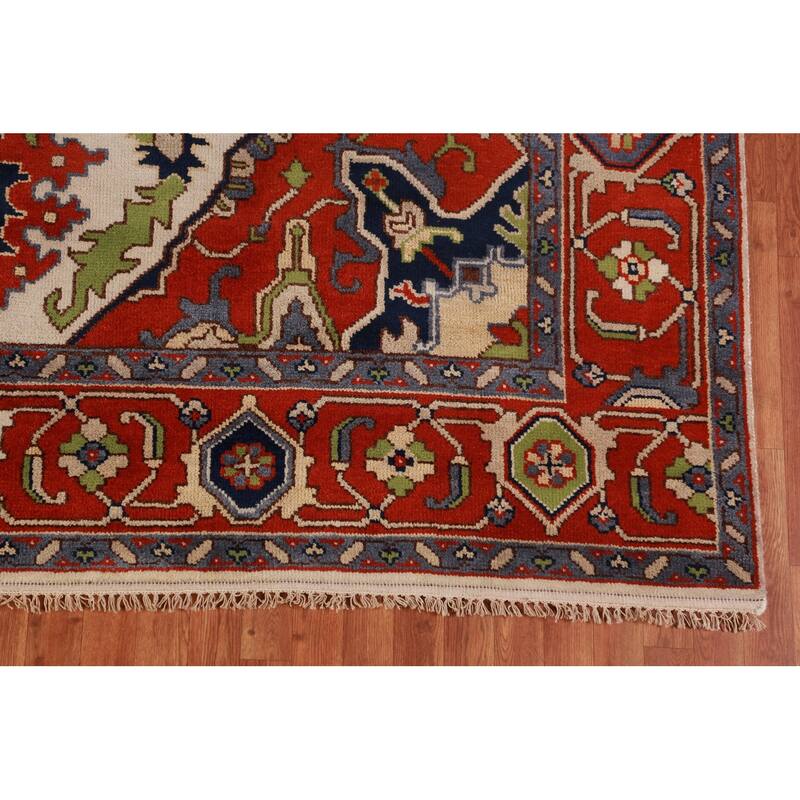Ivory & Orange Heriz Serapi Indian Area Rug Handmade Wool Carpet - 8'11"x 11'9"