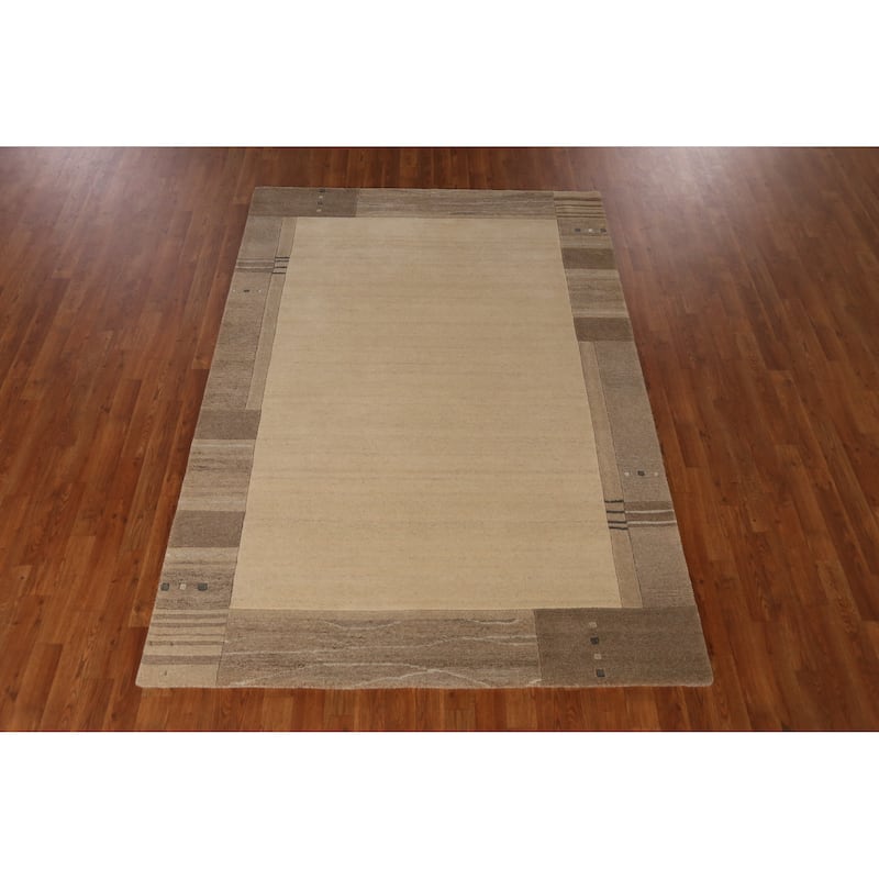 Solid Beige Modern Gabbeh Indian Area Rug Hand-Tufted Wool Carpet - 5'3" x 7'7"