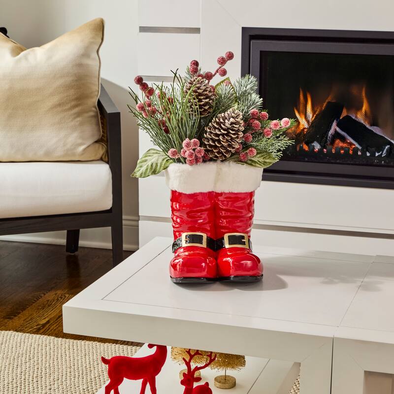 9.5" Resin Santa Boot Planter With Fur