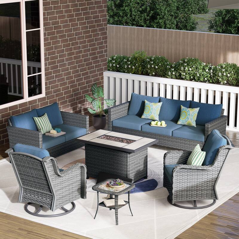 OVIOS 6-piece Patio Loveseat Swivel Chair Set With 42" Fire Table - Denim Blue