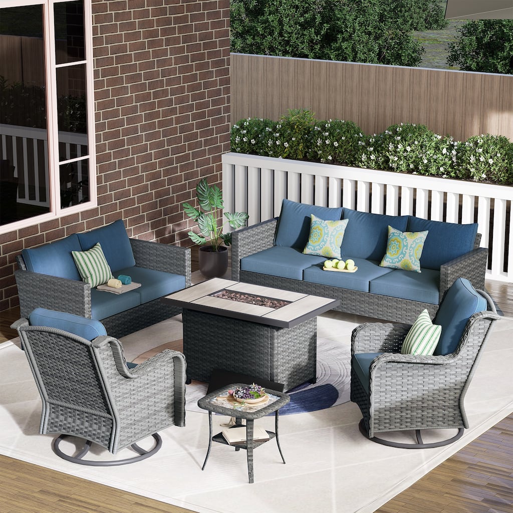 OVIOS 6-piece Patio Loveseat Swivel Chair Set With 42" Fire Table
