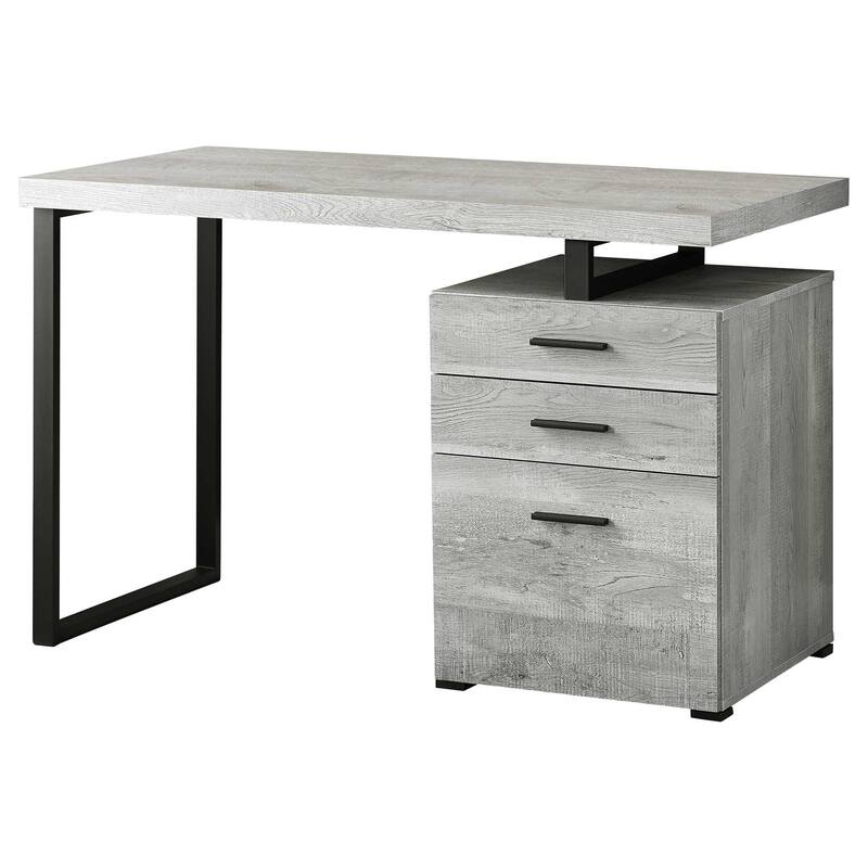 Grey Wood Computer Desk with Drawers and Black Metal Pedestal Base