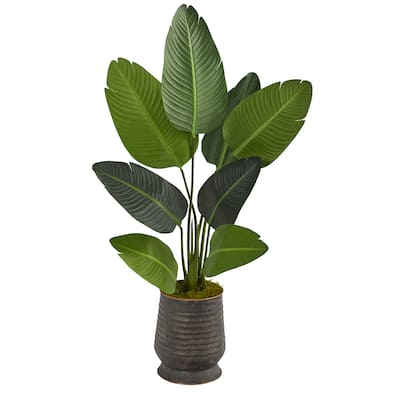 50" Travelers Palm Artificial Tree in Ribbed Metal Planter