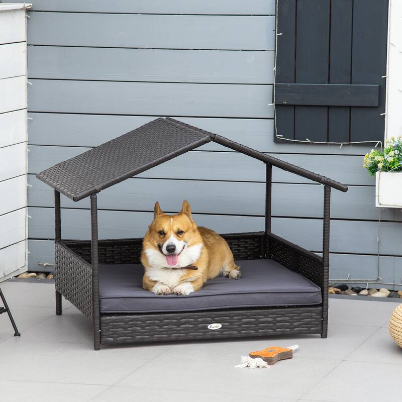 Rustic All Weather Outdoor Dog Bed with Detachable Canopy and Waterproof Cushion and Elevated Base for Patio and Porch or Indoor - Gray