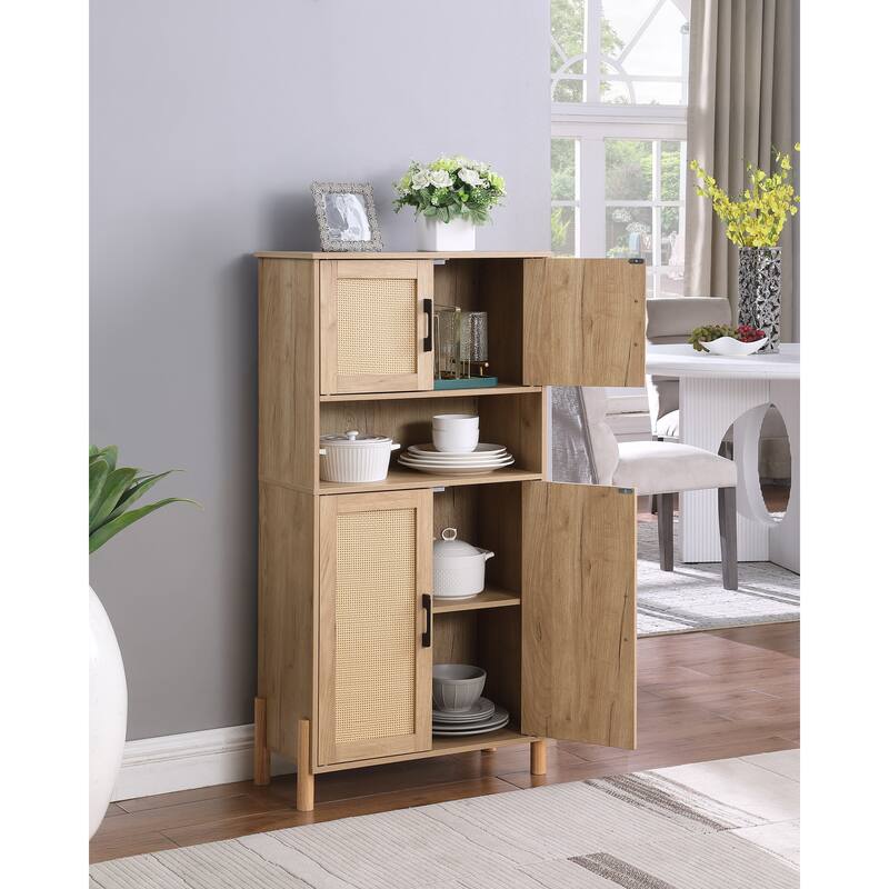 Mid-Century Modern 4-Door Storage Cabinet with Woven Rattan Doors & Adjustable for Living Room & Dining Room