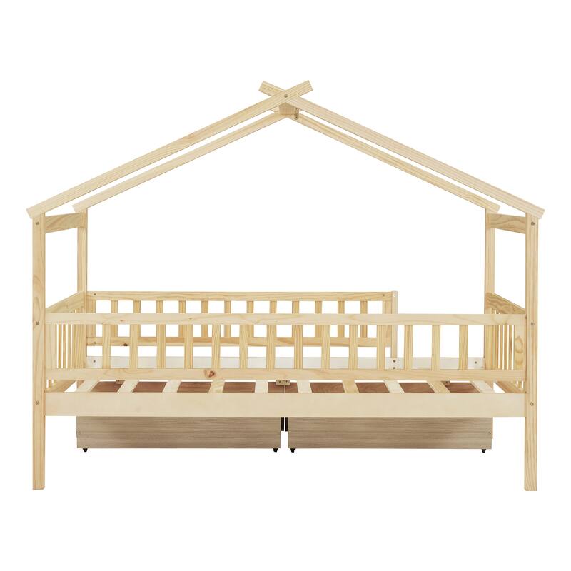 Wooden Twin Size House Bed with Roof, Guardrail and Drawers