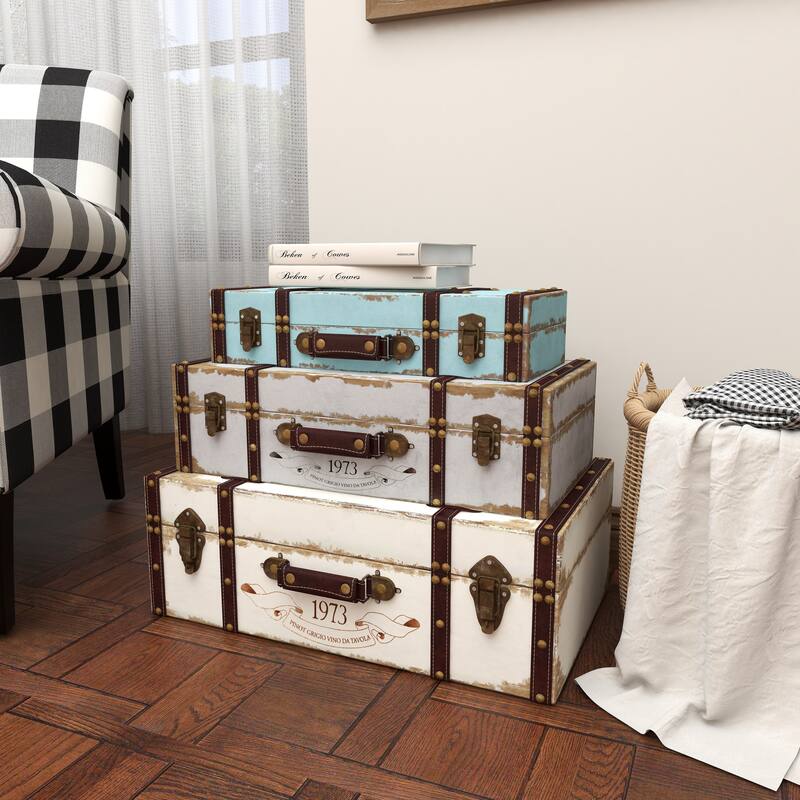 Multi Colored Wooden Nesting Decorative Trunk with Vintage Accents and Studs (Set of 3)