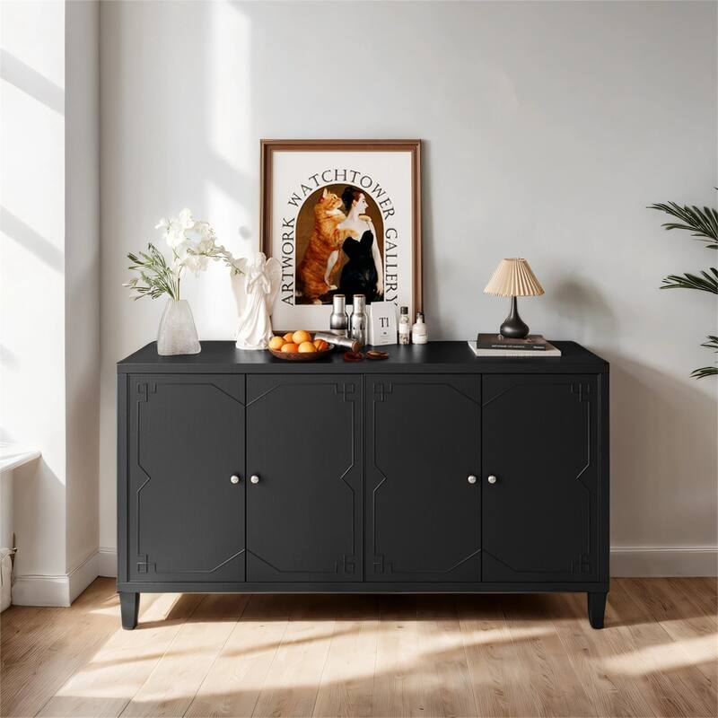 Accent Cabinet 4 Door Wooden Cabinet Sideboard Buffet Server Cabinet - Matte Black