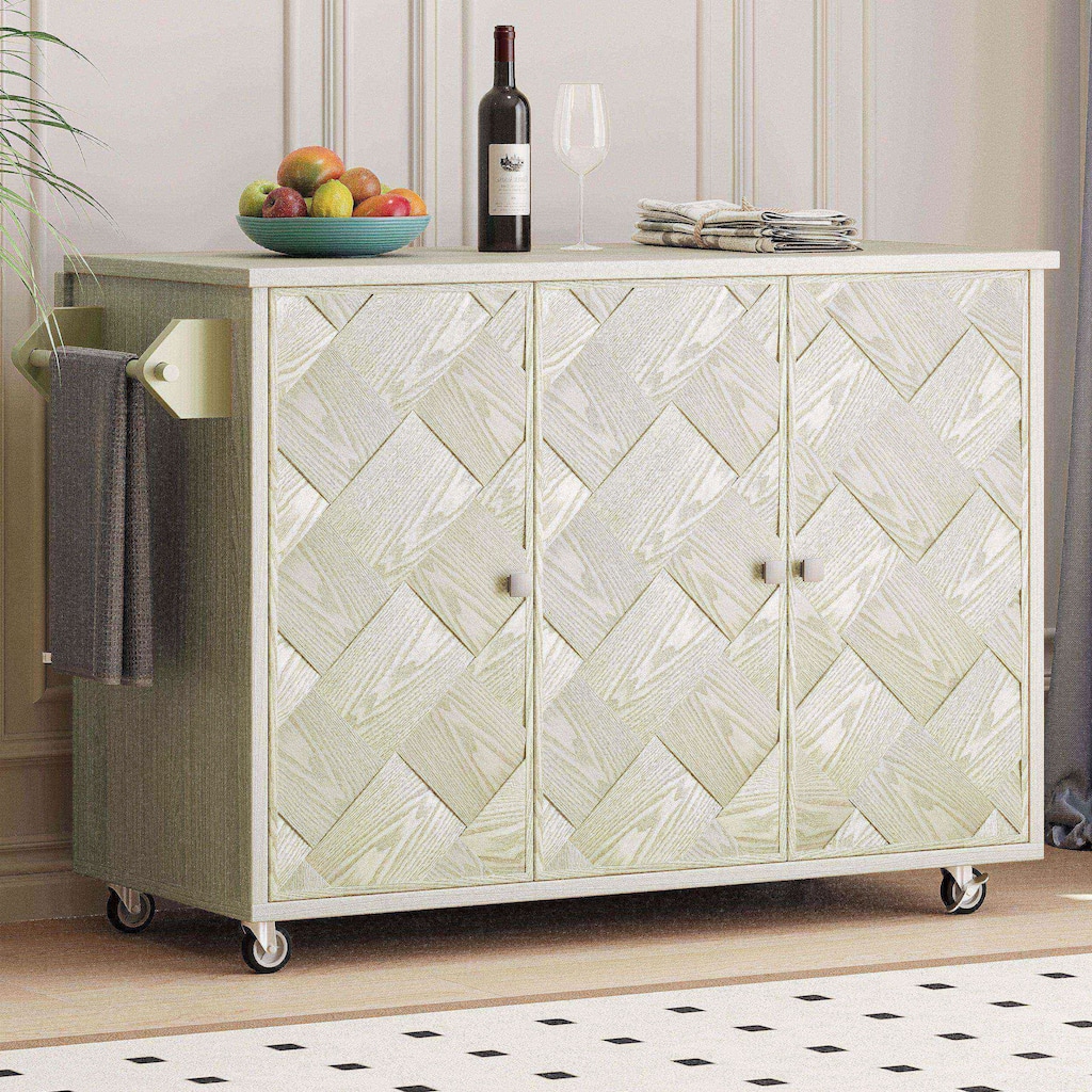 Rolling Kitchen Island with Drop Leaf, Ash Veneer Handwoven Doors, Internal Storage Rack, and Wheels - 51.2" Coastal Design