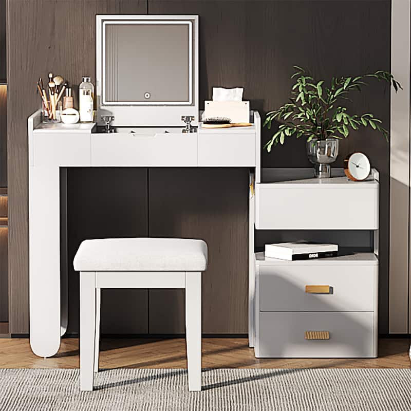 3-in-1 Makeup Vanity Desk with Stool, Flip-Top Mirror, Adjustable 3 Colors Lighting & Retractable Side Cabinet