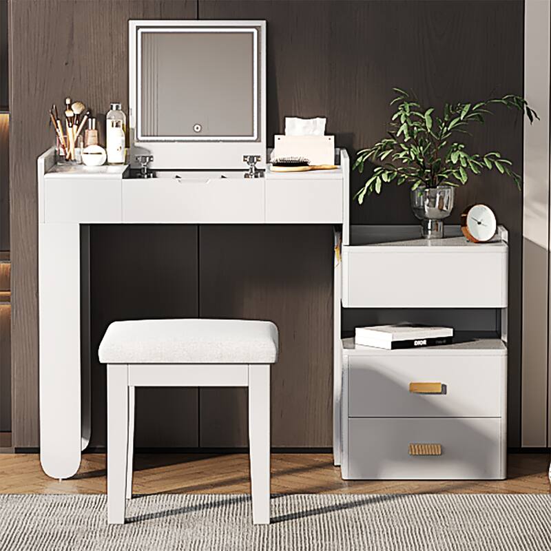 Bedroom Dressing Table and Stool Set of 2, 3-in-1 Makeup Vanity Desk with 3-Color Lighted Mirror & Retractable Side Cabinet - White