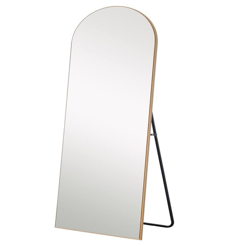 Petite Arched Wooden Mirror - 27.56" W x 1.18" D x 70.87" H - Gold
