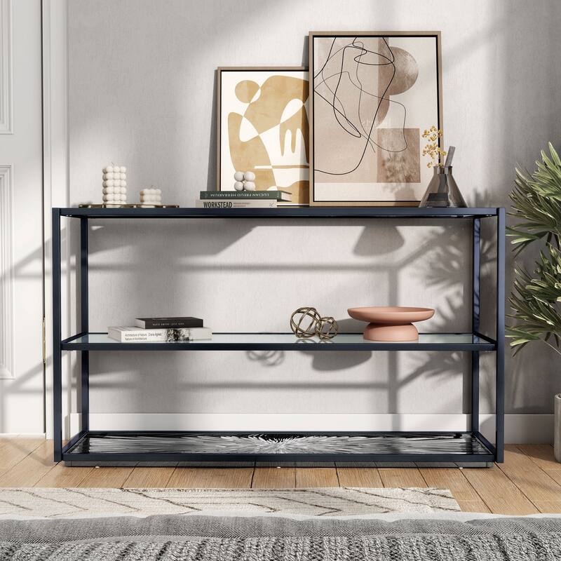 247 Shop At Home Aureum Modern 1-Shelf Sofa Table with Sunburst Base and Tempered Glass Top - Black Nickel & Blue