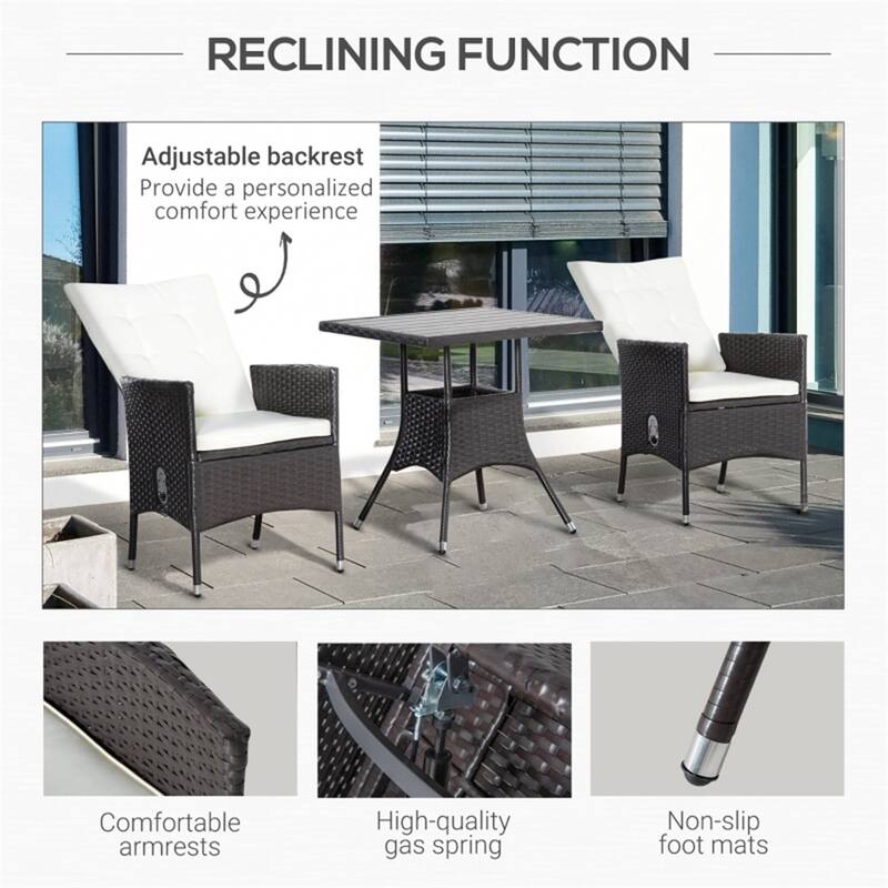 Three Piece Outdoor Patio Bistro Set Reclining Chairs and Coffee Table with Cushions - 23.25" W x 24" D x 42.5" H