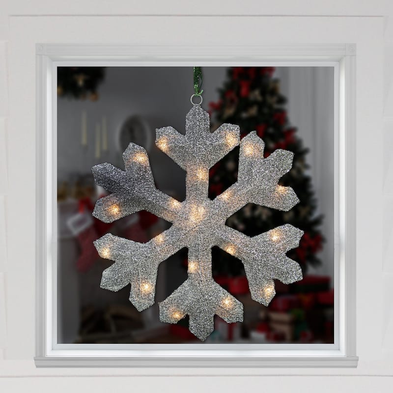 Lighted Tinsel Snowflake Christmas Window Decoration - 20" - Silver - Clear Lights