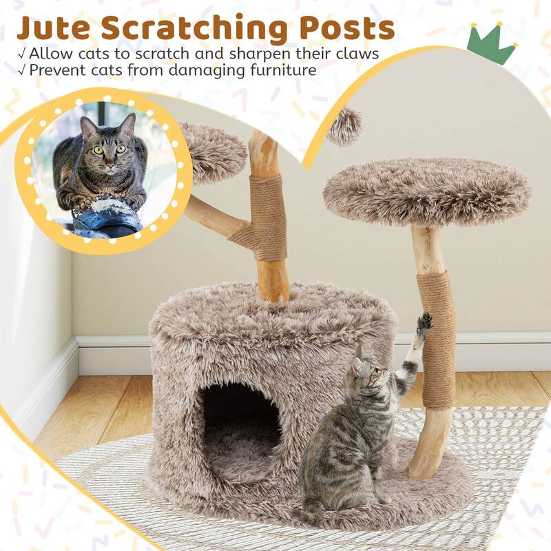 Costway Solid Wood Cat Tree with Well-woven Cattail Basket Luxury - as pic shows - See Details