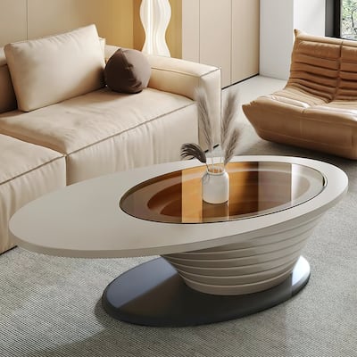 Light Luxury Modern Minimalist Oval Glass Tabletop Coffee Table Gray Base 51 in. - L 51.18'×W 25.59'×H 14.37'