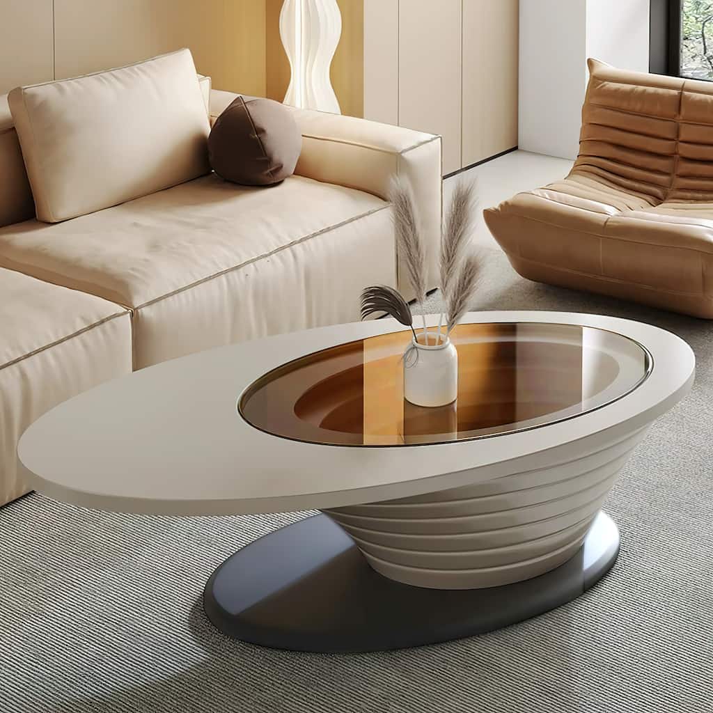 Light Luxury Modern Minimalist Oval Glass Tabletop Coffee Table Gray Base 51 in. - L 51.18'×W 25.59'×H 14.37'