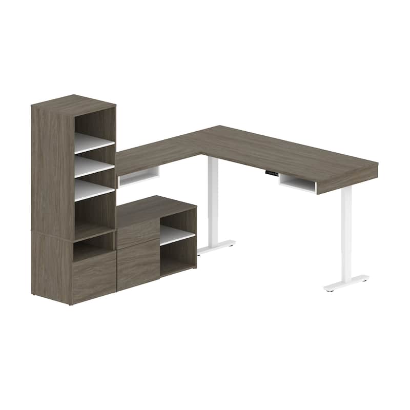 Bestar Viva 72W L-Shaped Standing Desk with Credenza by Bestar. - Walnut Grey & White