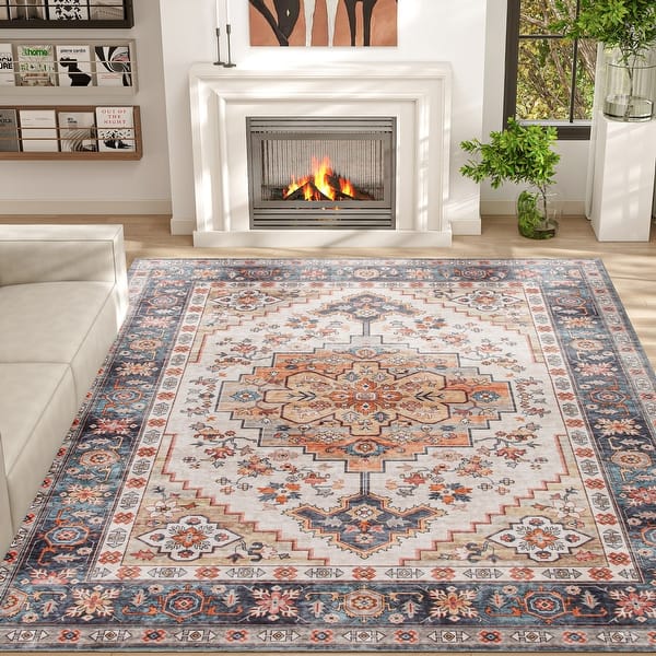 slide 2 of 9, HOMCOM Washable Area Rug, 8'x10' Vintage Indoor Distressed Carpet, Retro Floor Cover Foldable, Floral Print Mat for Living Room Marina - 6' x 7' - Square