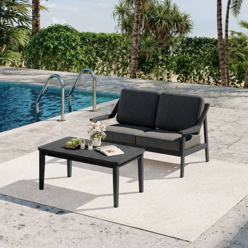 2-piece Brown/ Black Teak Cushioned Patio Loveseat Set with Coffee Table
