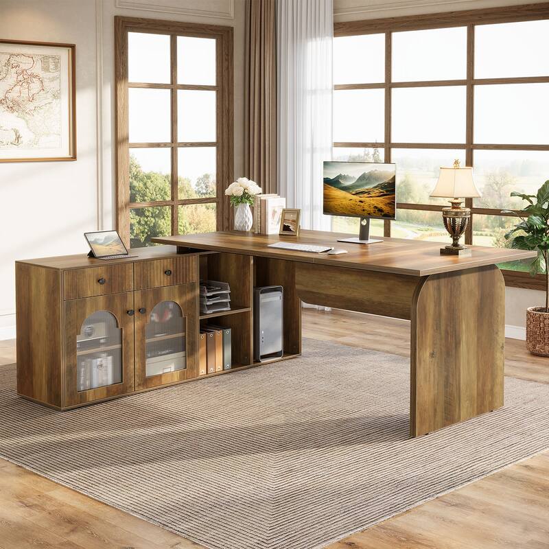 Wood L-Shaped Executive Desk with File Cabinet for Home Office - Brown