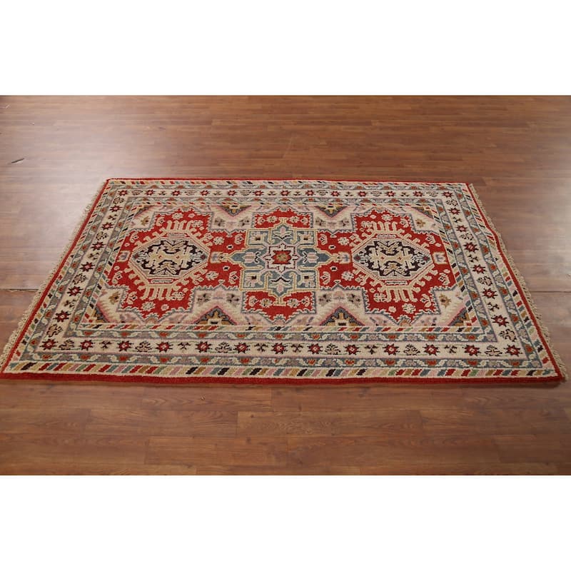 Red Geometric Kazak Oriental Area Rug Handmade Wool Carpet - 3'10"x 6'0"