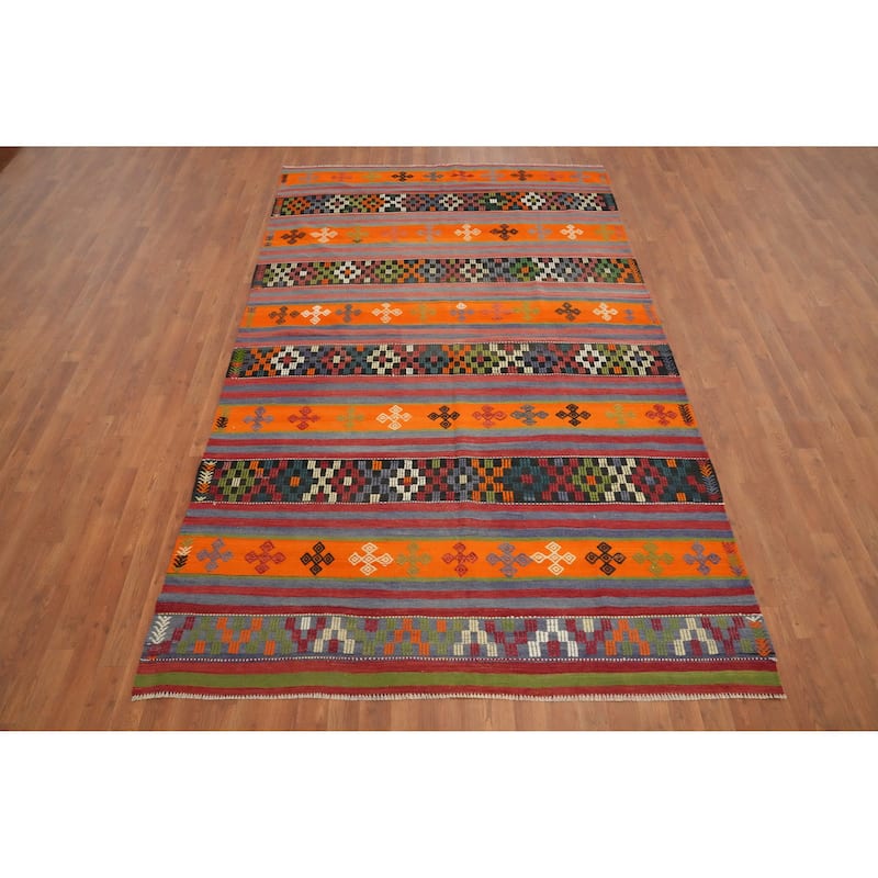 Hand Woven Oriental 100% Wool Carpet Southwestern Tribal Oranges & Rust Kilim Area Rug - 9' 6'' X 5' 10''