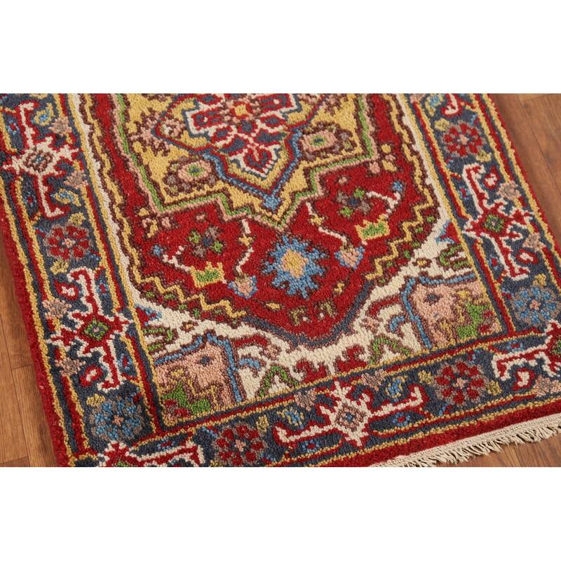 Red Geometric Heriz-Serapi Indian Accent Rug Hand-Knotted Wool Carpet - 2'0"x 3'0"