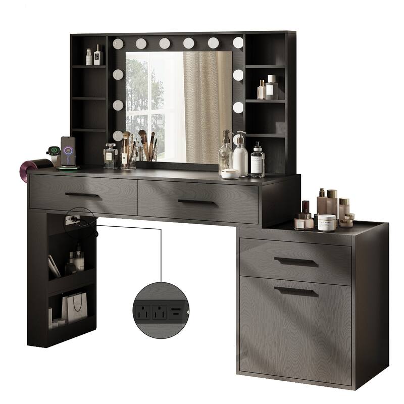 Lighted Makeup Vanity Desk with Mirror 3 Drawers Storage Shelves Power Outlet - N/A - BLACK