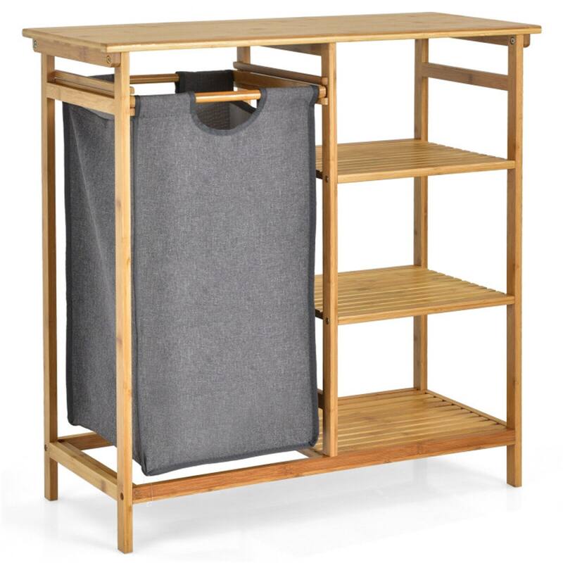 Natural Wicker Laundry Hamper Stand with Shelves & Removable Bag - 31.5" x 13.5" x 32" (L x W x H)