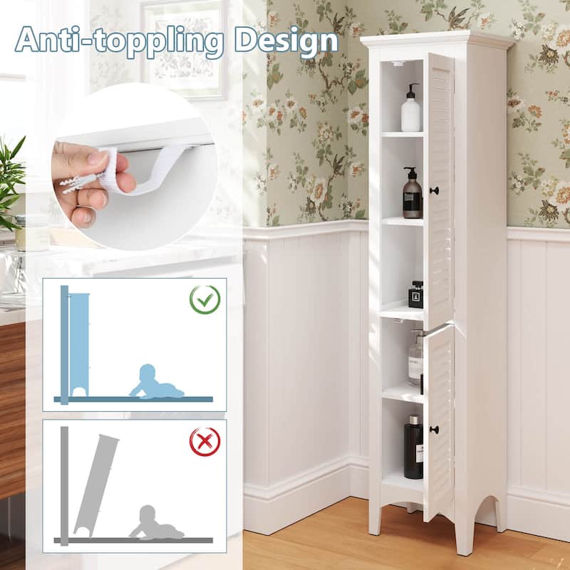 Costway Tall Bathroom Floor Cabinet Narrow Linen Tower with 2 Doors & - See Details
